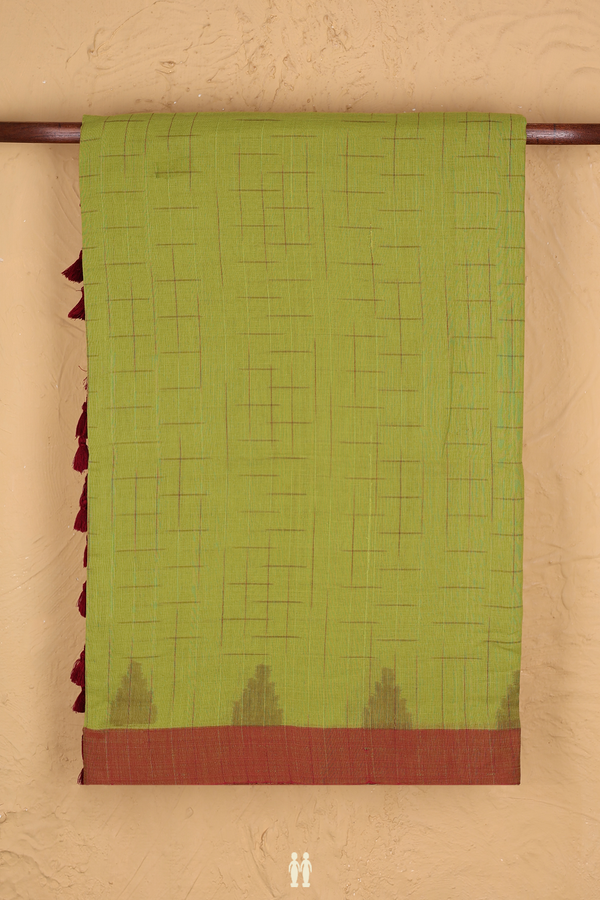 Bengal Cotton Saree In Pear Green With Checks Design