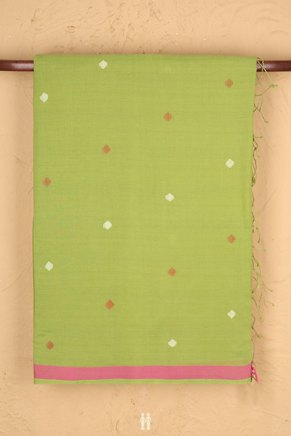 Bengal Cotton Saree In Pear Green With Threadwork Buttas