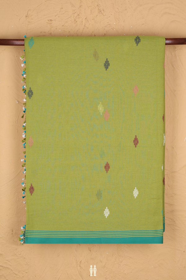 Bengal Cotton Saree In Pear Green With Threadwork Buttas