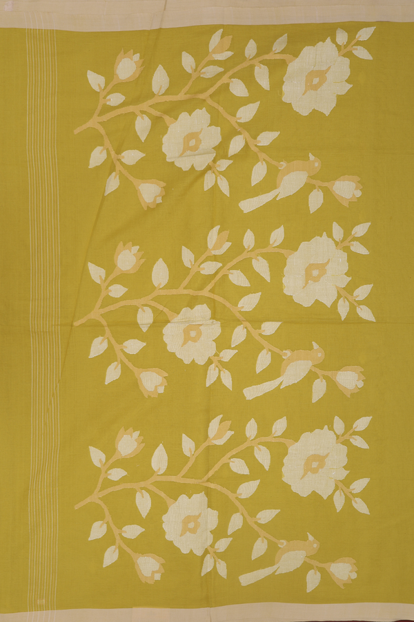 Bengal Cotton Saree In Pear Green With Threadwork Buttas