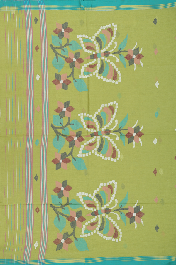 Bengal Cotton Saree In Pear Green With Threadwork Buttas