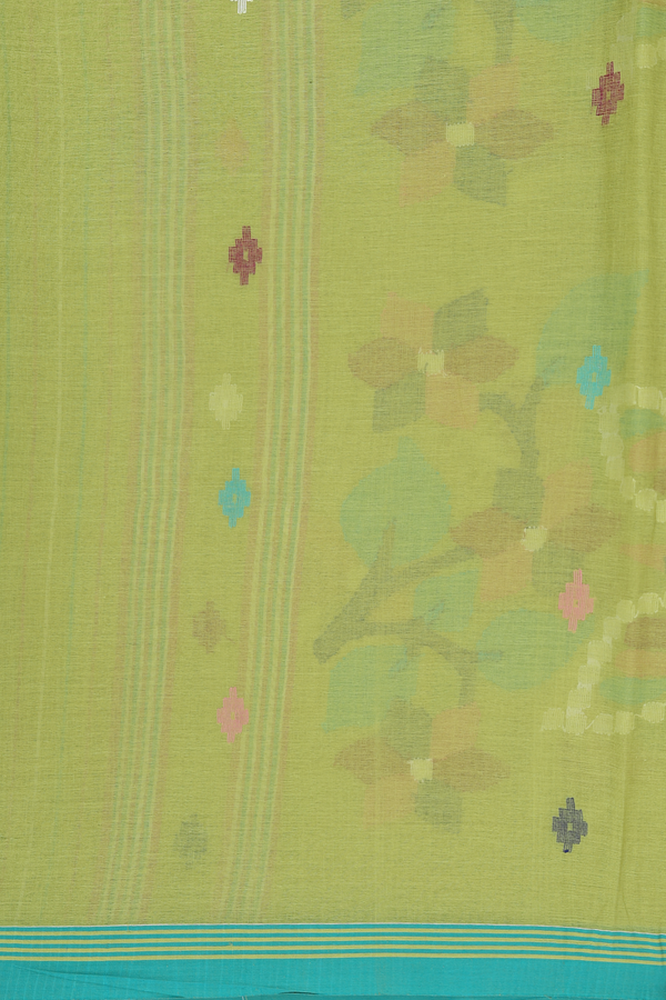 Bengal Cotton Saree In Pear Green With Threadwork Buttas