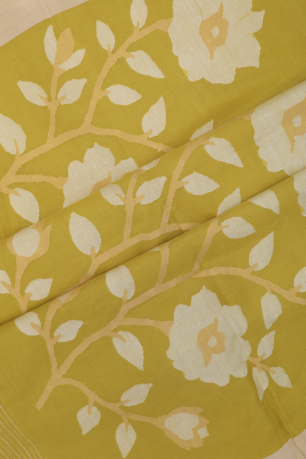 Bengal Cotton Saree In Pear Green With Threadwork Buttas