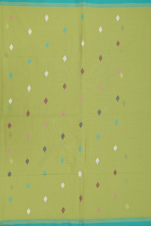 Bengal Cotton Saree In Pear Green With Threadwork Buttas