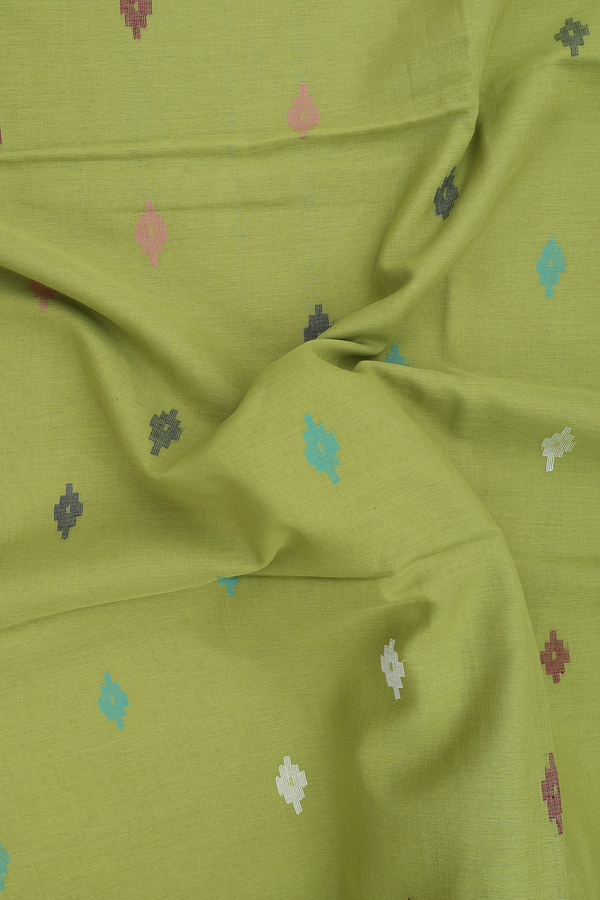 Bengal Cotton Saree In Pear Green With Threadwork Buttas