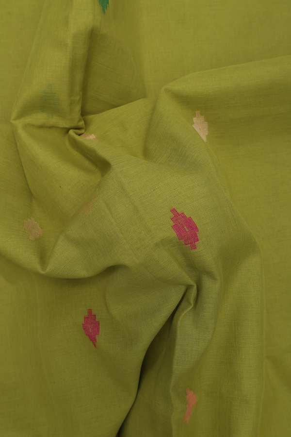 Bengal Cotton Saree In Pear Green With Threadwork Buttas