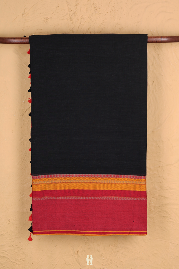 Bengal Cotton Saree In Plain Black With Contrast Border