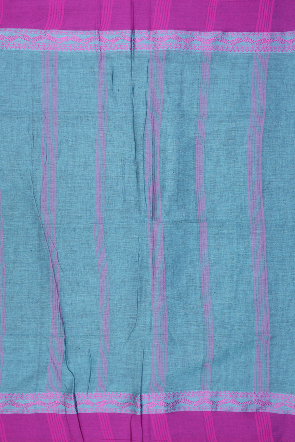 Bengal Cotton Saree In Plain Blue With Contrast Border
