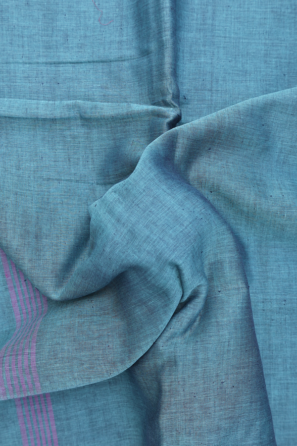 Bengal Cotton Saree In Plain Blue With Contrast Border