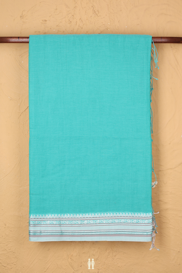 Bengal Cotton Saree In Plain Blue With Threadwork Border