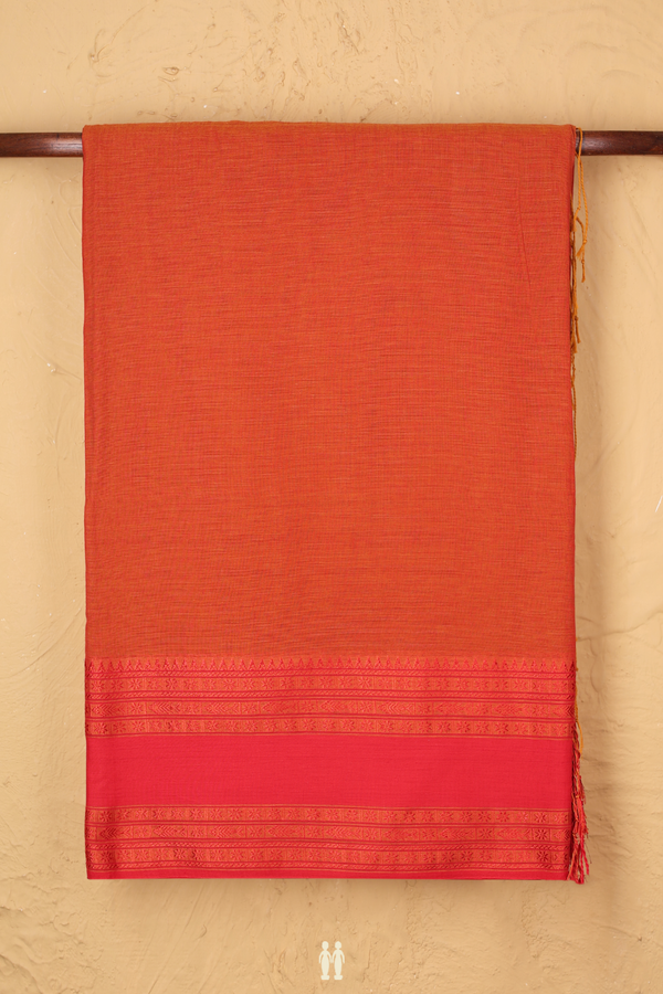 Bengal Cotton Saree In Plain Orange With Threadwork Border