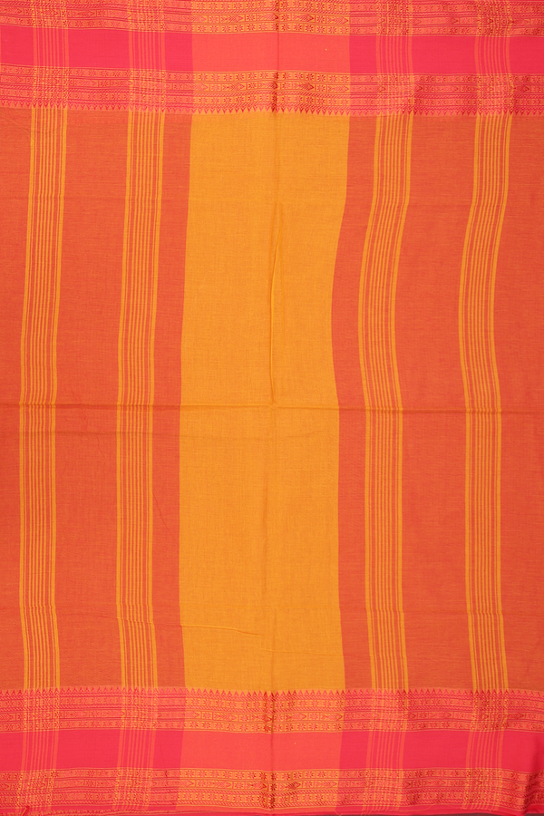 Bengal Cotton Saree In Plain Orange With Threadwork Border