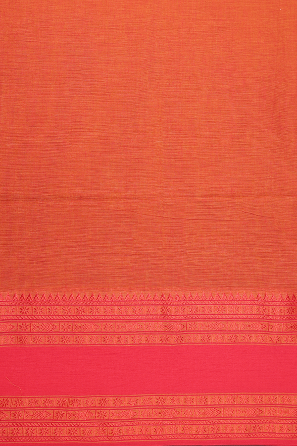 Bengal Cotton Saree In Plain Orange With Threadwork Border