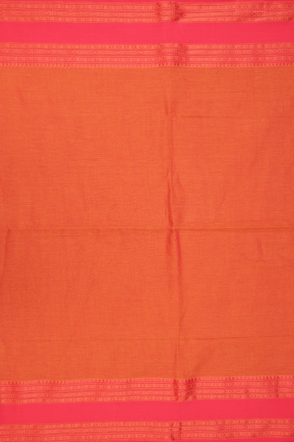 Bengal Cotton Saree In Plain Orange With Threadwork Border