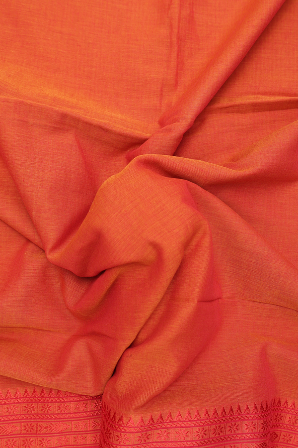 Bengal Cotton Saree In Plain Orange With Threadwork Border