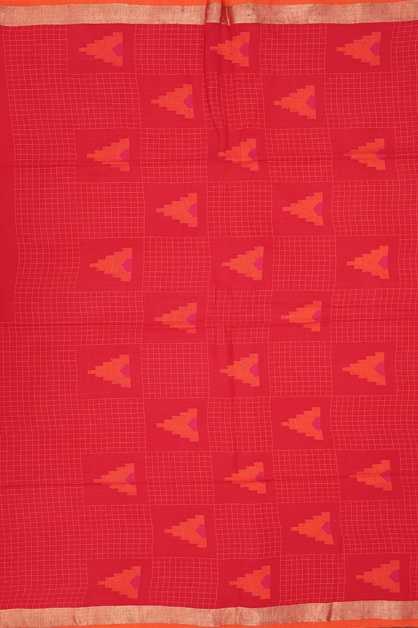 Bengal Cotton Saree In Red With Half And Half Design