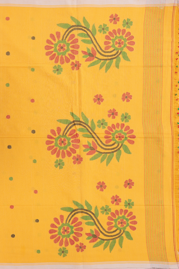 Bengal Cotton Saree In Royal Orange With Threadwork Buttas