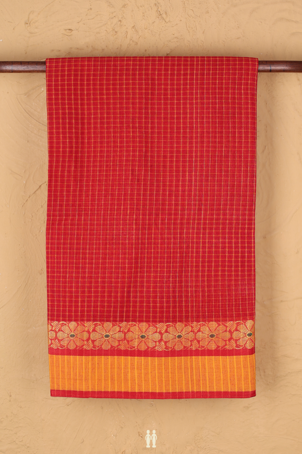 Bengal Cotton Saree In Scarlet Red With Checks Design