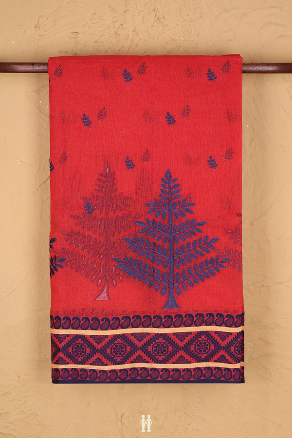 Bengal Cotton Saree In Scarlet Red With Leaf Buttas