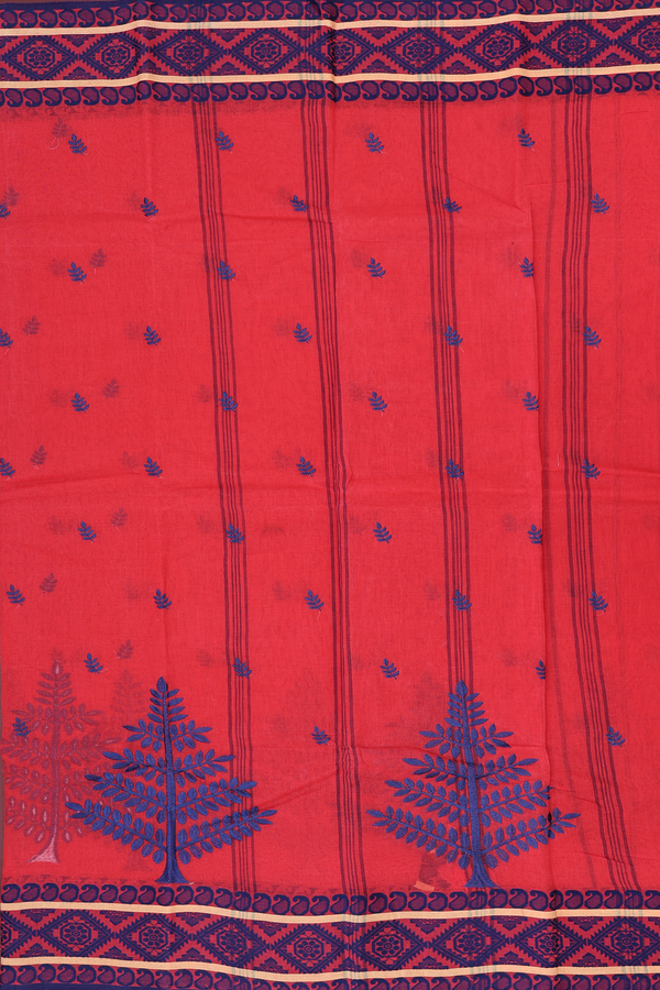 Bengal Cotton Saree In Scarlet Red With Leaf Buttas
