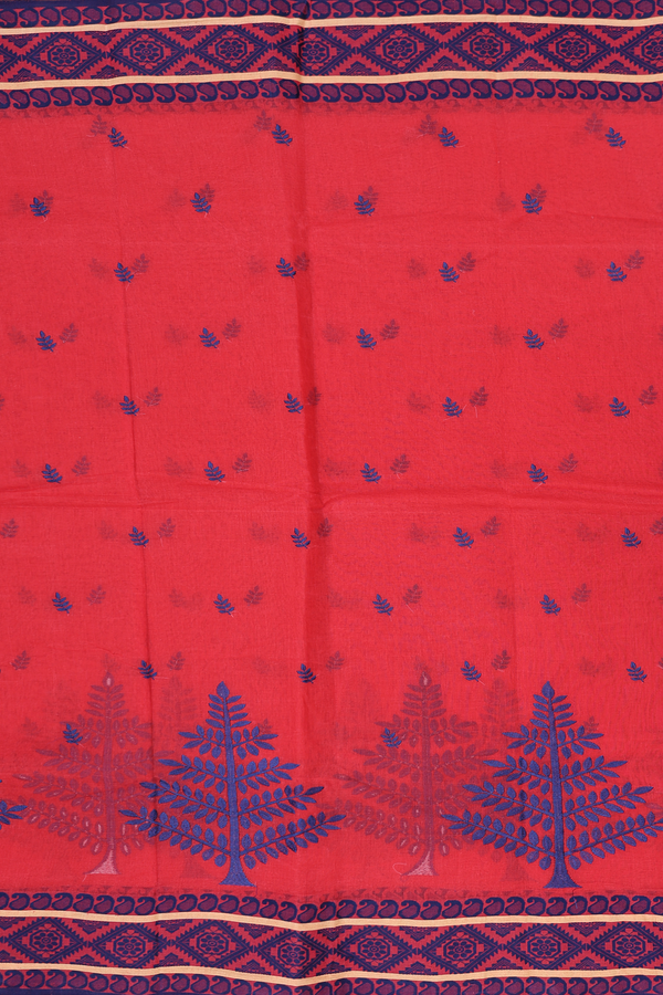 Bengal Cotton Saree In Scarlet Red With Leaf Buttas