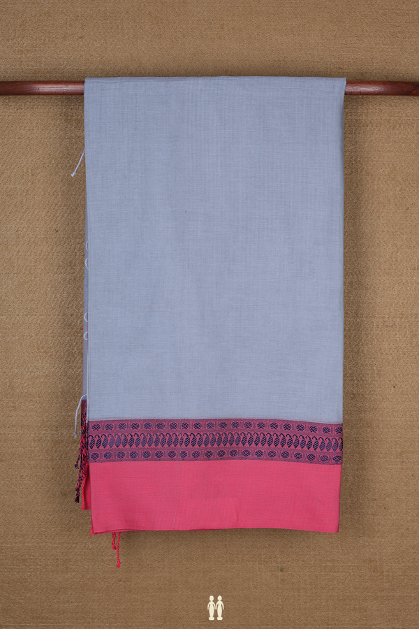 Bengal Cotton Saree In Stone Blue With Threadwork Border