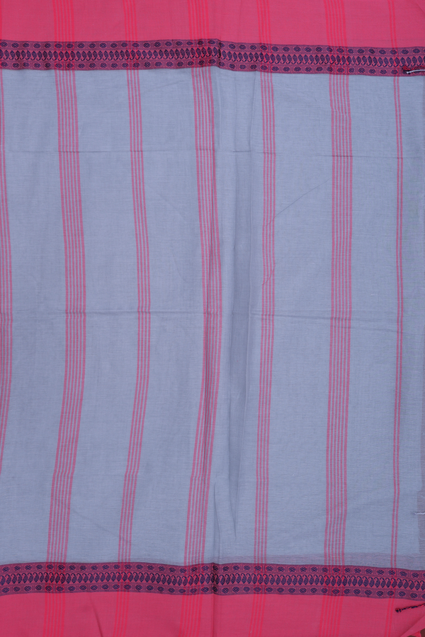 Bengal Cotton Saree In Stone Blue With Threadwork Border