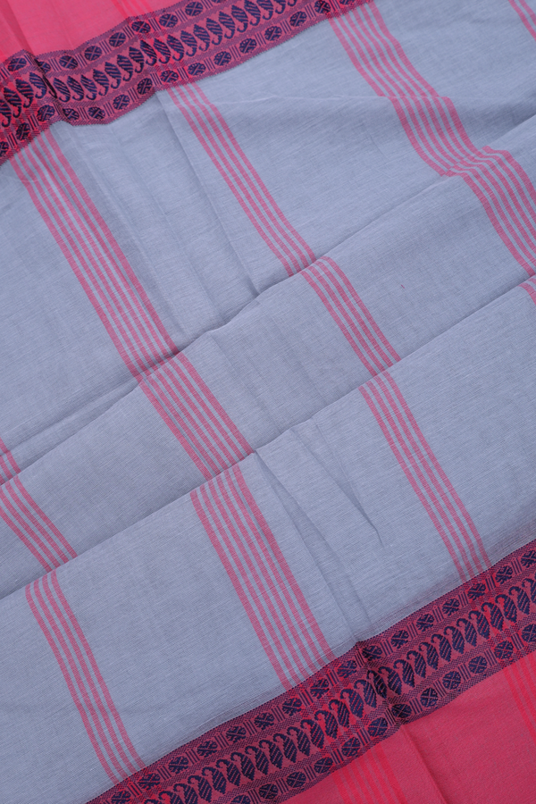 Bengal Cotton Saree In Stone Blue With Threadwork Border