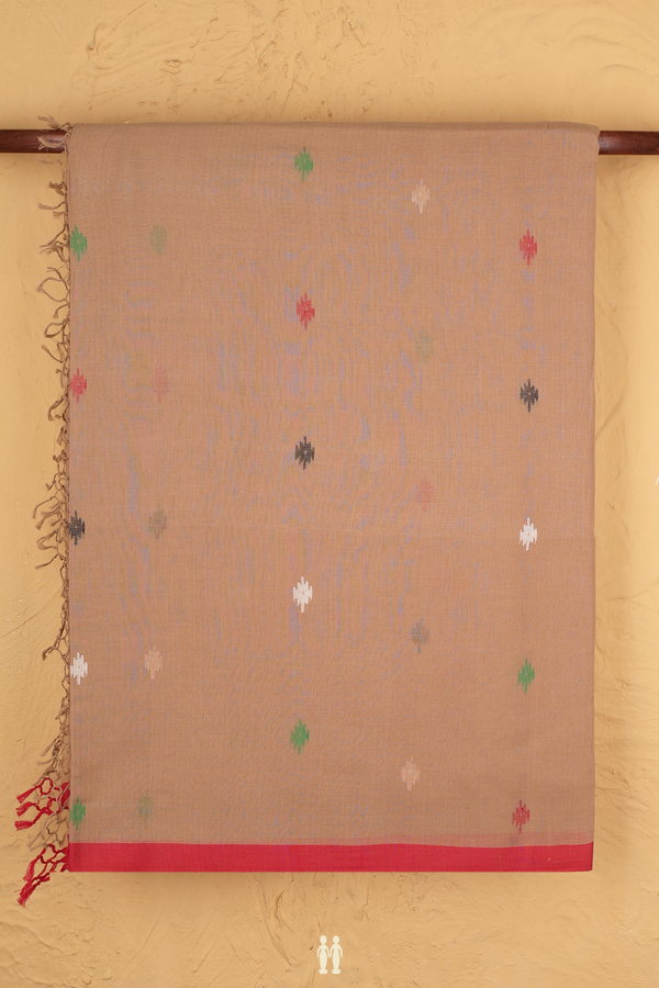 Bengal Cotton Saree In Tan Brown With Threadwork Buttas