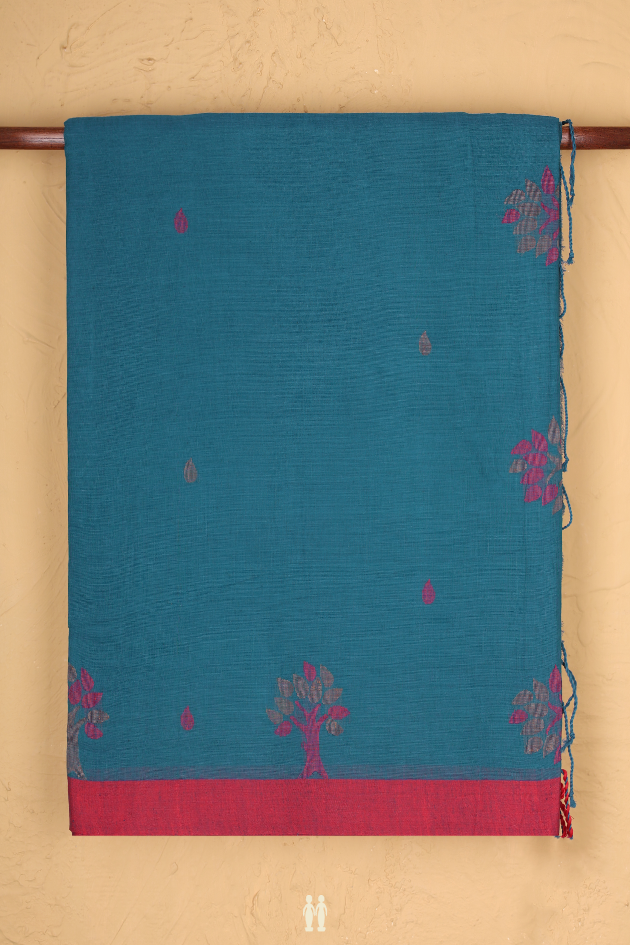Bengal Cotton Saree In Teal Blue With Threadwork Buttas