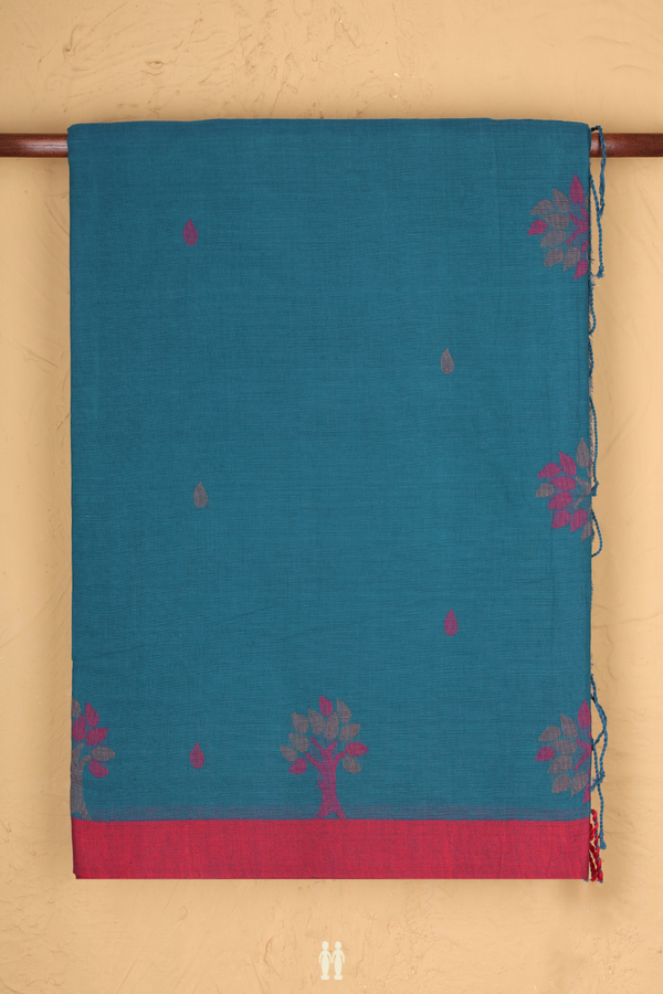 Bengal Cotton Saree In Teal Blue With Threadwork Buttas