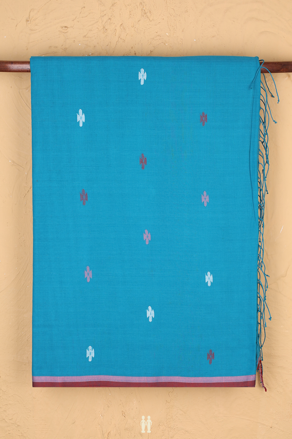 Bengal Cotton Saree In Teal Blue With Threadwork Buttas