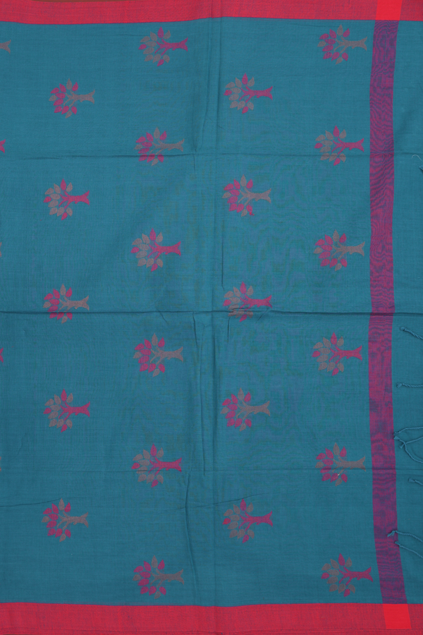 Bengal Cotton Saree In Teal Blue With Threadwork Buttas