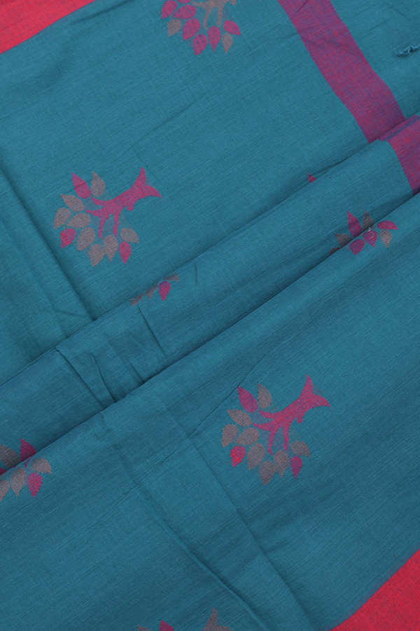 Bengal Cotton Saree In Teal Blue With Threadwork Buttas