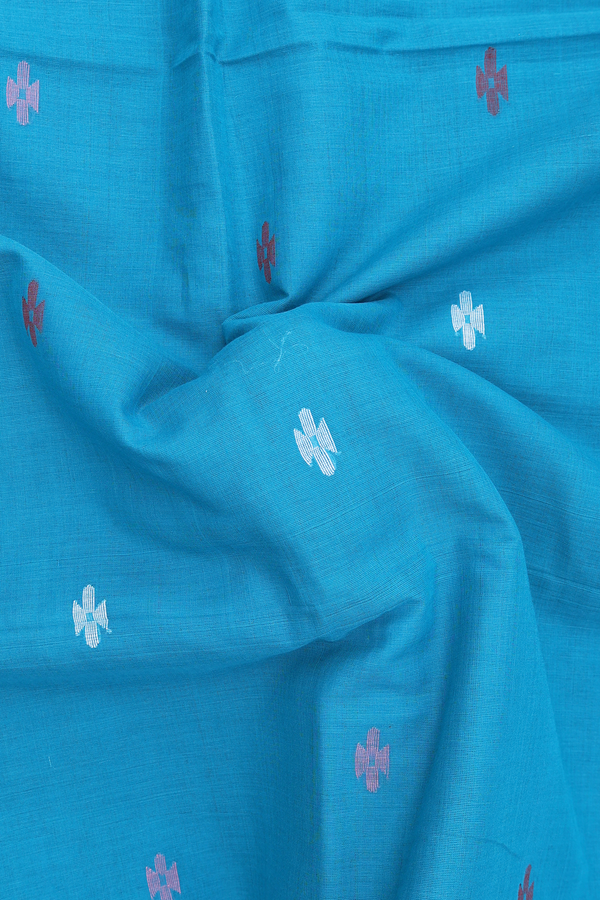 Bengal Cotton Saree In Teal Blue With Threadwork Buttas