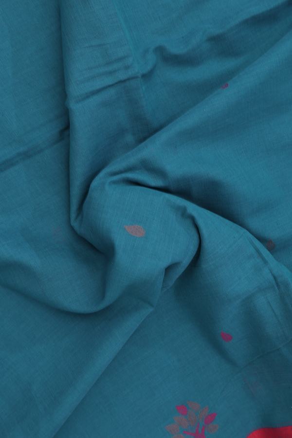 Bengal Cotton Saree In Teal Blue With Threadwork Buttas