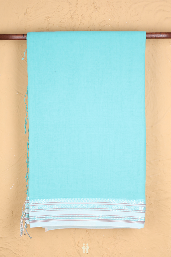Bengal Cotton Saree In Turquoise Blue With Threadwork Border