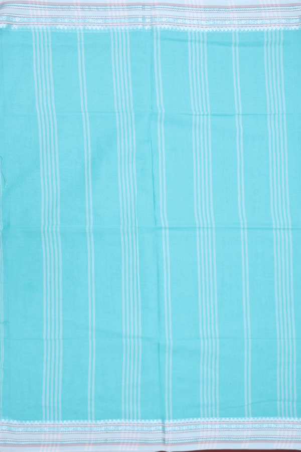 Bengal Cotton Saree In Turquoise Blue With Threadwork Border