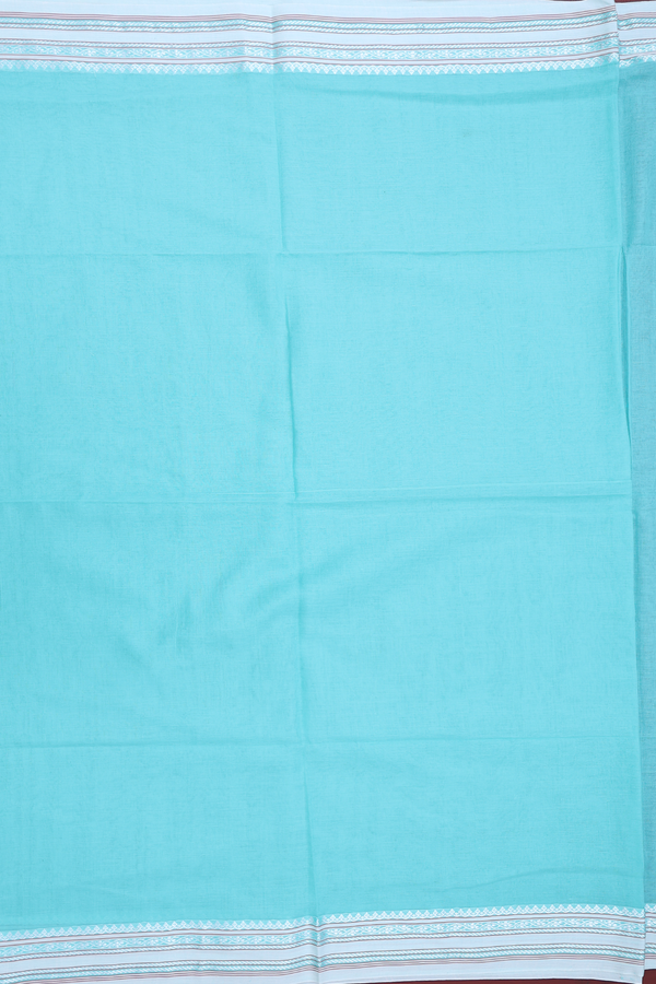 Bengal Cotton Saree In Turquoise Blue With Threadwork Border