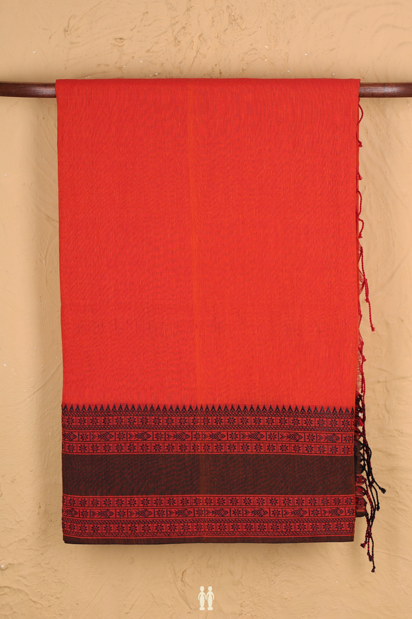 Bengal Cotton Saree In Vermillion Red With Threadwork Border