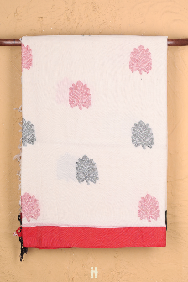Bengal Cotton Saree In White With Leaf Motifs