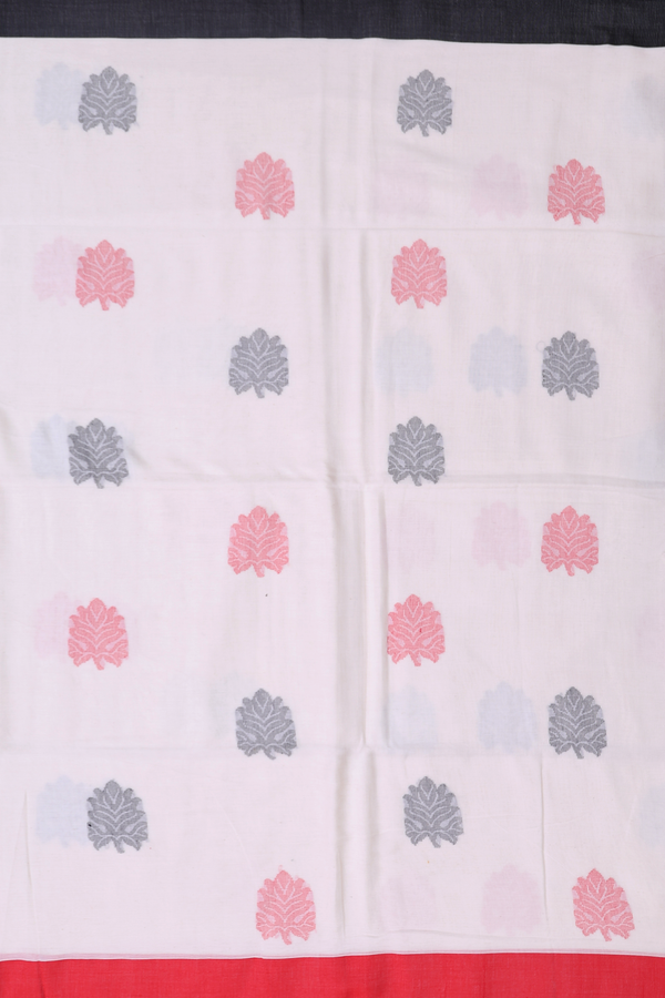 Bengal Cotton Saree In White With Leaf Motifs