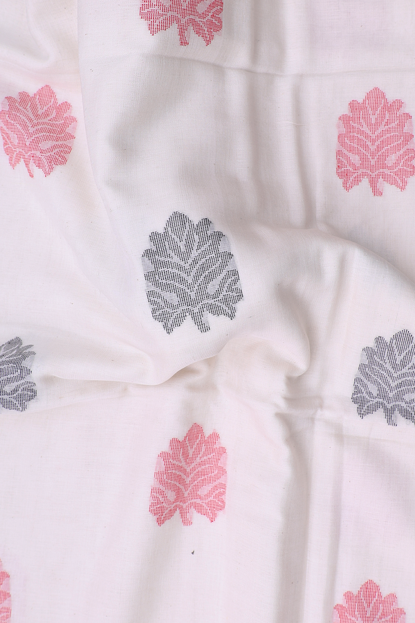 Bengal Cotton Saree In White With Leaf Motifs