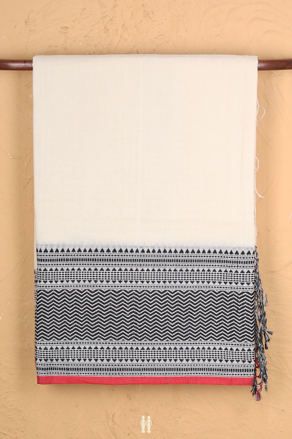 Bengal Cotton Saree In White With Threadwork Border