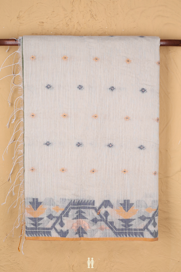 Bengal Cotton Saree In White With Threadwork Buttas