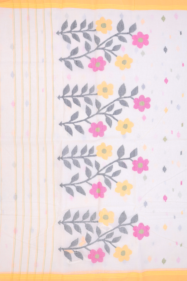 Bengal Cotton Saree In White With Threadwork Buttas