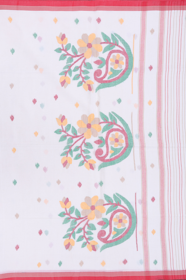 Bengal Cotton Saree In White With Threadwork Buttas