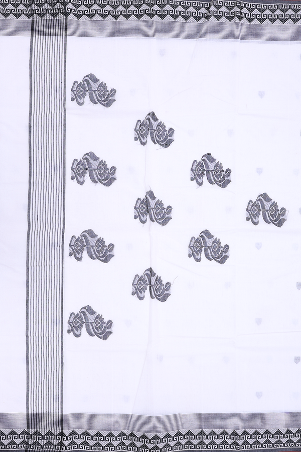 Bengal Cotton Saree In White With Threadwork Buttas