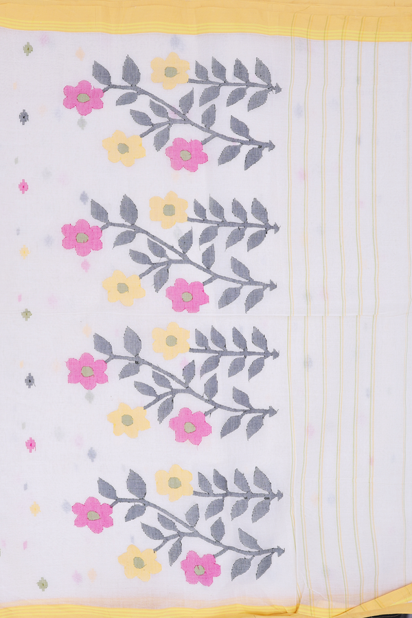 Bengal Cotton Saree In White With Threadwork Buttas