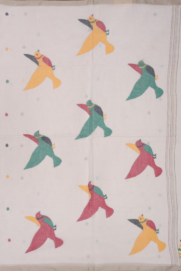Bengal Cotton Saree In White With Threadwork Buttas